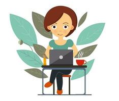 vrouw zittend met laptop. concept van freelancen, werk, studing van huis. vlak stijl vector illustratie.