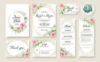 bloemen bruiloft uitnodiging kaart, opslaan de datum, dank jij, RSVP, tafel label, tage sjabloon. vector. roos bloem, sappig, groen planten. vector