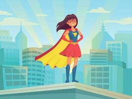 super vrouw aan het kijken stad. zich afvragen held meisje in pak met mantel Bij stad- dak. grappig vrouw superheld Aan stadsgezicht vector illustratie