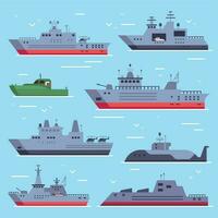 vlak leger boten. marine strijd schepen, zee gevecht veiligheid boot en slagschip wapen. marine- oorlogsschip vector verzameling