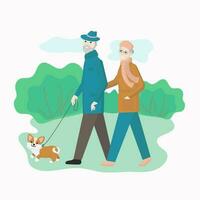 ouderen Mens en vrouw zijn wandelen met een huisdier. een ouderen Mens met een hond. park, bomen. vector grafisch. achtergrond geïsoleerd.