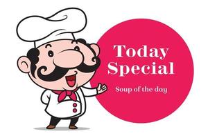 cartoon lachende schattige chef-kok met grote snor introduceren speciaal menu met rode cirkel uithangbord vector