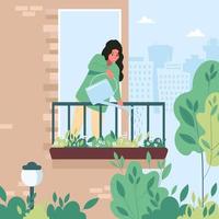 jonge vrouw bloemen op het balkon water geven het verzorgen van kamerplanten platte vectorillustratie vector