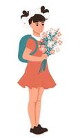 gelukkig schoolmeisje gaat op 1 september naar school met een boeket bloemen, het meisje komt de platte vectorillustratie van de lagere klassen binnen die op witte achtergrond wordt geïsoleerd vector