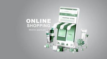 online winkelen op sociale media-smartphone met cosmetica en winkelwagentje en digitale winkels vector