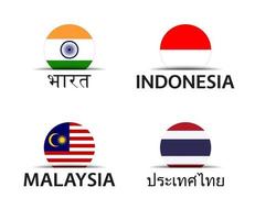 India Indonesië Maleisië en Thailand set van vier Indiase Indonesische Maleisische en Thaise stickers eenvoudige pictogrammen met vlaggen geïsoleerd op een witte achtergrond vector