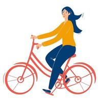 jong mooi meisje met bril rijdt een rode fiets meisje gezonde vrijetijdsbesteding ritten fiets zijaanzicht platte vectorillustratie op witte achtergrond vector