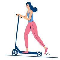 mooi jong meisje rijdt een scooter in een dia in heldere sportkleding sport activiteit gezonde levensstijl platte vectorillustratie op witte achtergrond vector