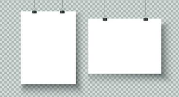 wit blanco posters hangende Aan bindmiddelen. a4 papier bladzijde, vel Aan muur. vector mockup