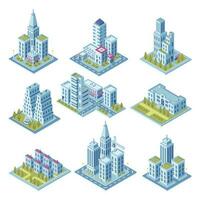 isometrische stad architectuur, stadsgezicht gebouw, landschap tuin en kantoor wolkenkrabber. gebouwen voor 3d straat kaart vector reeks