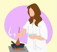 huisvrouw Koken in de keuken. Holding borden en spatels. Koken in de pan. tekenfilm vlak vector illustratie.