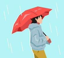 mooi jong meisje met trui Holding een paraplu. weer concept, warmte Golf, regenen, apparatuur. tekenfilm vlak vector illustratie.