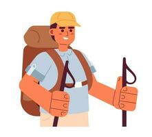 ontdekkingsreiziger avonturier wandelen met trekking polen vlak vector tekenfilm karakter. buitenshuis Mens plek illustratie. voor de helft lichaam persoon geïsoleerd Aan wit. bewerkbare 2d gemakkelijk tekening, grafisch ontwerp