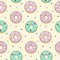 tekenfilm donuts naadloos patroon pastel donuts met hagelslag Aan beige achtergrond. tekening hand- getrokken eindeloos textiel of achtergronden afdrukken ontwerp. vector illustratie.