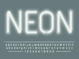 helder gloeiend wit neon teken karakters. vector doopvont met gloed licht brieven en getallen lampen