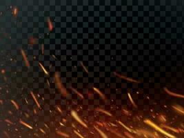 detailopname heet vurig sparkles en vlam deeltjes geïsoleerd. inferno brand vonken en vlammend vlokken donker vector achtergrond