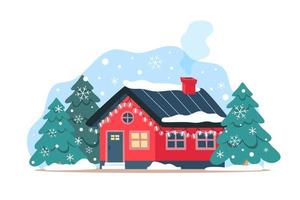 schattig winterhuis met feestelijke slingers kerstdecor voor gevel vector