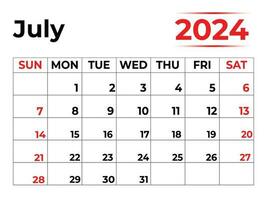 juli 2024 maandelijks kalender met heel schoon Look, week begint van zondag vector