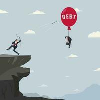 zakenman het schieten de vliegend ballon met de woord schuld. afrekenen schulden concept vector illustratie