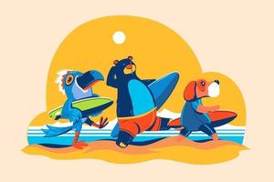 beer vogel en hond gaan surfen bij strandconcept om te surfen vector