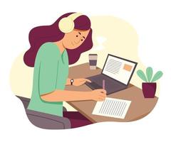freelance vrouw werkt online met laptop en luistert via hoofdtelefoon vector