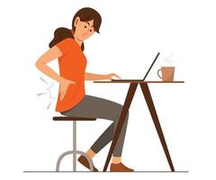 freelance vrouw voelt wat rugpijn op de taille tijdens het online werken met een laptop vanuit huis vector