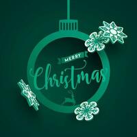 schoonschrift van vrolijk Kerstmis Aan groen snuisterij vorm groet kaart ontwerp versierd met 3d papier sneeuwvlokken. vector