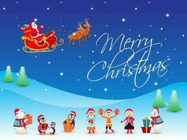 vrolijk Kerstmis viering poster ontwerp met illustratie van de kerstman rijden rendier slee, kinderen, pinguïn, polair beer en geschenk dozen Aan blauw sneeuwval landschap achtergrond. vector