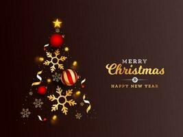 creatief Kerstmis boom gemaakt door gouden sterren, sneeuwvlokken en kerstballen Aan bruin achtergrond voor vrolijk Kerstmis en gelukkig nieuw jaar viering. vector