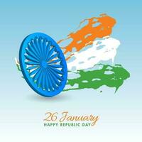 26 januari, gelukkig republiek dag viering poster ontwerp met 3d Ashoka wiel en driekleur borstel beroerte effect Aan blauw achtergrond. vector