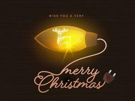 verlichte kroonluchter of draad lamp met vrolijk Kerstmis tekst geschreven door draad plug Aan bruin achtergrond voor viering concept. vector