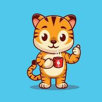 schattig tijger drinken koffie tekenfilm vector icoon illustratie. dier drinken icoon concept geïsoleerd.
