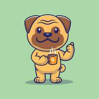 schattig mopshond hond drinken koffie tekenfilm vector icoon illustratie. dier drinken icoon concept geïsoleerd.