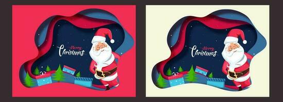 papier laag besnoeiing groet kaart ontwerp met de kerstman claus, geschenk dozen en Kerstmis boom voor vrolijk Kerstmis viering in twee kleur keuze. vector