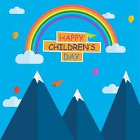 papier besnoeiing stijl bergen met ballonnen, papier vlak en regenboog Aan blauw wolken achtergrond voor gelukkig kinderen dag viering. vector