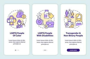 belemmeringen voor verschillend lgbtq groepen onboarding mobiel app scherm. walkthrough 3 stappen bewerkbare grafisch instructies met lineair concepten. ui, ux, gui sjabloon vector