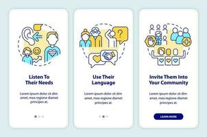 ondersteuning lgbtq senioren onboarding mobiel app scherm. gemeenschap walkthrough 3 stappen bewerkbare grafisch instructies met lineair concepten. ui, ux, gui sjabloon vector