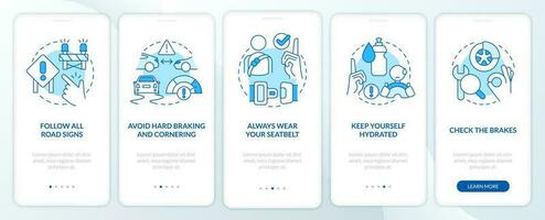 reclame chauffeurs veiligheid blauw onboarding mobiel app scherm. walkthrough 5 stappen bewerkbare grafisch instructies met lineair concepten. ui, ux, gui sjabloon vector