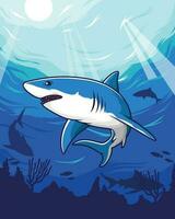blauw haai zwemmen in de zee met koraal. dier vector tekenfilm.