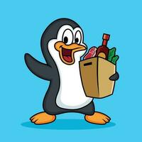 boodschappen doen schattig pinguïns tekenfilm met blauw achtergrond vector