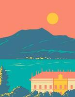 meer como lago di como lario met villa en Alpen en bellagio Italië wpa kunst deco poster vector