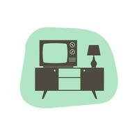 retro TV Aan nachtkastje met tafel lamp. interieur toekomst icoon. vlak ontwerp vector