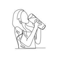 een doorlopend lijn tekening van een vrouw is drinken melk. drank in gemakkelijk lineair stijl. drank ontwerp concept vector illustratie