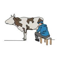 een doorlopend lijn tekening van mensen is melken een koe. drank in gemakkelijk lineair stijl. drank ontwerp concept vector illustratie