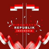 Indonesië onafhankelijkheid dag Aan 17e augustus, groet kaart ontwerp met lint en rood en wit vlag van de republiek van Indonesië vector