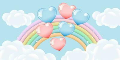 3d baby douche, regenboog met wolken en ballonnen Aan de sterrenhemel lucht, kinderachtig ontwerp in pastel kleuren. achtergrond, illustratie, vector. vector