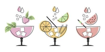 een reeks van lineair tekeningen van verfrissend fruit cocktails met verschillend drankjes, ijs kubussen, rietjes en paraplu's. drankjes pictogrammen, cafe menu, vector