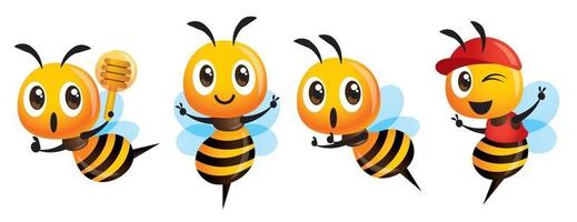 mascotte van de cartoon schattige bij die met overwinningsteken wordt geplaatst en een honingsdipper houdt vector