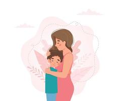 Moederdag wenskaart. moeder en kind knuffelen. vector illustratie concept in vlakke stijl