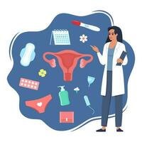 dames Gezondheid concept. menstruatie, periode, vrouw baarmoeder, voortplantings- systeem. dokter gynaecoloog staand met klembord, zwangerschap testen, tampon, kalender, kussentjes, menstruatie- beker, broek. vector. vector